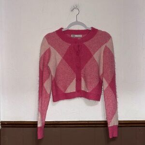 Zara | Pink Printed Button Up Sweater